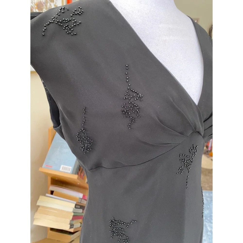 Vintage 1990s Beaded Sheer Empire Waist Black Midi Dress 10 Formal Silky Y2K - Picture 6 of 8